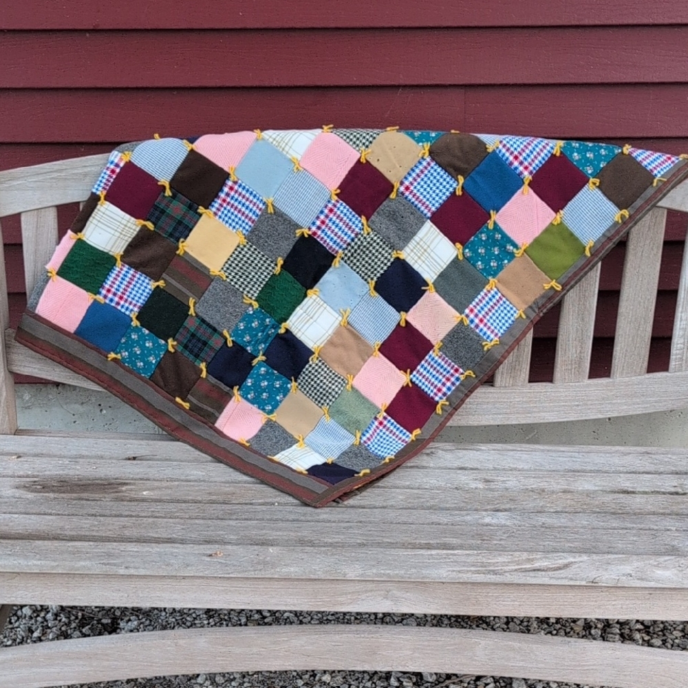Colorful Patchwork Wool Mixed Fabric Granny Handmade Cozy Crazy Quilt Yarn Tied